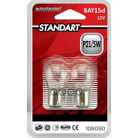 Лампа накаливания "Standart", P21/5W, BAY15d, 12V, 2шт., AutoStandart, 106030