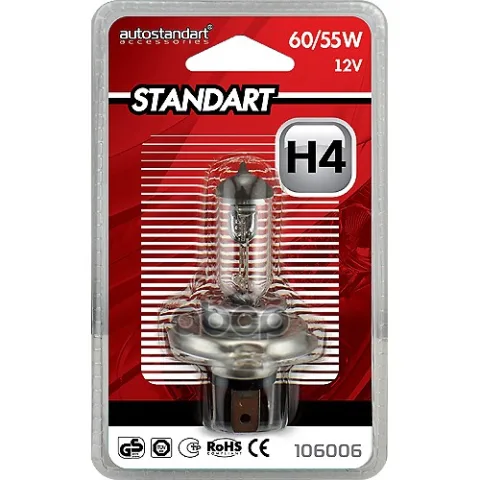 Лампа галогенная головного света "Standart", H4-12V, P43t, 60/55W, AutoStandart, 106006