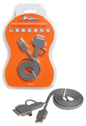 Зарядный датакабель USB-Lightning (IPhone 5-11), +IPhone 4, +micro, +miniUSB " 1,0м. (AIRLINE) ACH-4-13