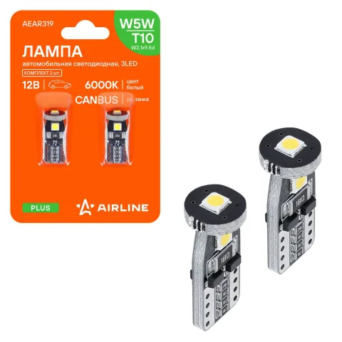 Лампочка светодиод. W5W (T10) PLUS, 6000K(Белый),12В, 1.4Вт,3LED,Биполяр.,Обманка,кмпл.2шт.(AEAR319)