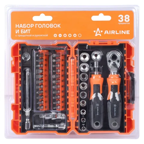 Набор головок и бит с трещоткой и рукоят. 38пр. (рукоят, бит PH,SL,PZ,HEX,TORX), пласт. кейс (ATCA019)