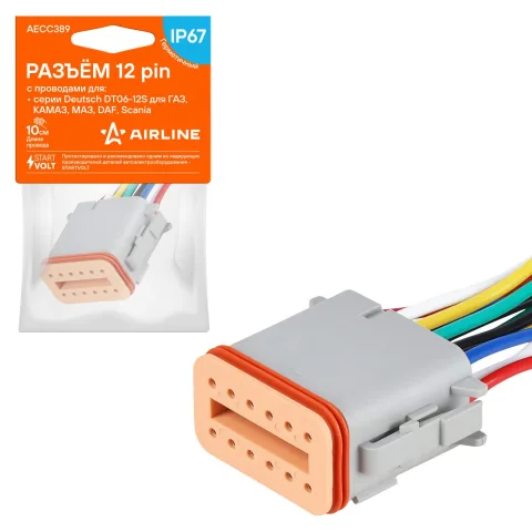 Разъем 12 pin с проводами серии Deutsch DT06-12S для ГАЗ, КАМАЗ, МАЗ, DAF, Scania (AECC389)