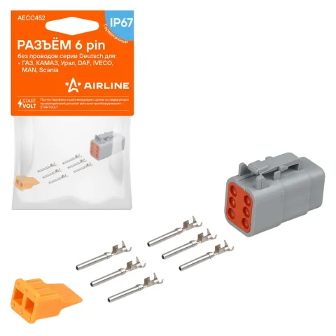 Разъем 6 pin без проводов серии Deutsch для ГАЗ, КАМАЗ, Урал, DAF, IVECO, MAN, Scania (AECC452)