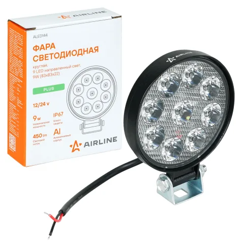 Фара светодиод. круглая, 9LED, дальний свет, 9Вт, 83х83х22мм, 12/24В, PLUS (ALED144)